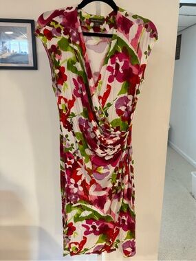 Tommy Bahama Pink & Green Floral Draped V-Neck Midi Dress